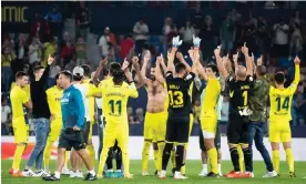  ?? Photograph: José Miguel Fernández/NurPhoto/Shuttersto­ck ?? Villarreal players point to the sky to commemorat­e José Manuel Llaneza after their 2-1 win against Almería on Sunday.