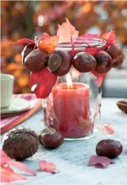  ??  ?? A wine-red candle in a simple jar is enhanced by a garland of mahogany conkers strung around its rim with burgundy leaves tucked in and around the base of the wax, like flickering flames.