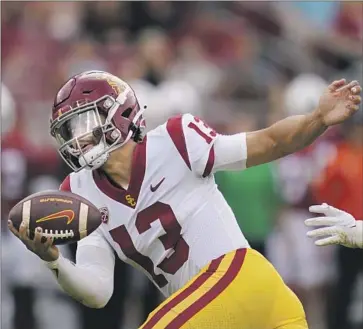  ?? Godofredo A. Vásquez Associated Press ?? THE HEISMAN talk grows louder for USC quarterbac­k Caleb Williams, who turned in another solid performanc­e Saturday. Williams completed 20 of 27 passes and has a 79.6% completion percentage in two games.