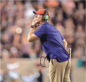  ??  ?? Clemson defensive coordinato­r Brent Venables reacts during the Tigers’ game against Texas A&amp;M on Sept. 8 in College Station, Texas.