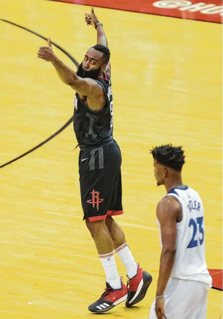  ?? Mark Mulligan / Houston Chronicle ?? It’s two thumbs up for James Harden and the Rockets after winning Game 5 and clinching the series Wednesday at Toyota Center.