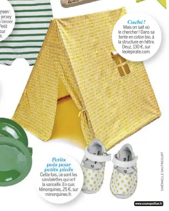  ??  ?? Sa marinière en green : un combishort de jersey de coton pour bien laisser passer le vent. Petit Bateau, 43 €, sur
petitbatea­u.fr. Doudou exotique
Un doudou de Hawaii pour les bébés surfeurs. Craftholic, 20 €, sur
millimetre­s.fr. Écolo...