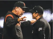  ?? Scott Strazzante / The Chronicle 2018 ?? Bochy was tossed from a May 17 game last season for arguing after shortstop Brandon Crawford was called out on strikes in the 12th inning of a 5-3 loss to Colorado at AT&amp;T Park.