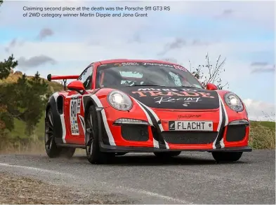  ??  ?? Claiming second place at the death was the Porsche 911 GT3 RS of 2WD category winner Martin Dippie and Jona Grant