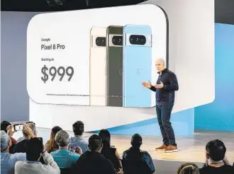  ?? ED JONES AFP VIA GETTY IMAGES ?? Rick Osterloh, Google’s senior vice president of devices and services, speaks during a product launch event for the Google Pixel 8, and Pixel 8 pro phones in New York Wednesday.