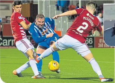  ??  ?? Kilmarnock’s Kris Boyd fires a shot as his manager, Steve Clarke (inset) ponders the result