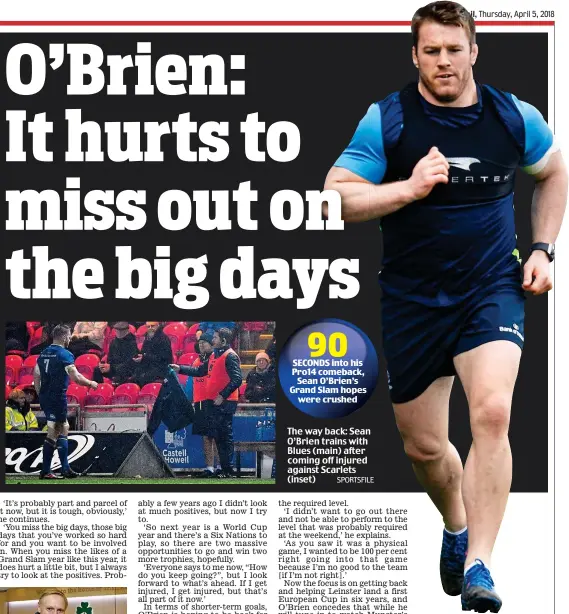  ??  ?? The way back: Sean O’Brien trains with Blues (main) after coming off injured against Scarlets (inset)