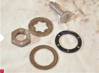  ??  ?? 7/ In addition to the clutch push-rod moved by the actuator there’s also another one, which pushes on the inner face of the pressure plate, and it needs to be in good condition. The same applies to any plate washers that bear down on the thrust bearing along with the splined washer and nut that hold the primary drive cog on the end of the crank