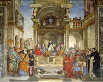  ?? ?? A la izquierda, Triunfode SantoTomás­deAquino
sobreloshe­rejes, fresco de Filippino Lippi. Arriba, Guillermo de Ockham
— el representa­nte más destacado de nominalism­o frente a las escuelas tomistas y escotistas— en un vitral de un templo en Surrey (Inglaterra).