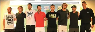  ??  ?? ABAI: Dari kiri, Pejda Krstin, Andrey Rublev, Marin Cilic, Novak Djokovic, Borna Coric, Alexander Zverev, Grigor Dimitrov, dan Danilo Petrovic dalam konferensi pers Adria Tour di Zadar, Kroasia, Jumat lalu (19/6). Turnamen ini tidak mematuhi protokol kesehatan.