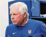  ?? Lynne Sladky/Associated Press ?? New York Mets manager Buck Showalter speaks with the media about the injury to star closer Edwin Diaz before a spring training game against the Washington Nationals on March 16 in West Palm Beach, Fla. Diaz injured his right knee Wednesday night while celebratin­g Puerto Rico’s victory over the Dominican Republic in the World Baseball Classic.