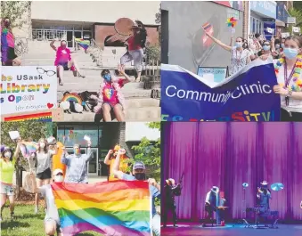  ?? SCREENGRAB: SASKATOON PRIDE PARADE/SASKATOON PRIDE ?? Submission­s to the city's online Pride parade celebratio­n this year included photos and video clips from: (clockwise, starting from upper left) The University of Saskatchew­an, Saskatoon Community Clinic, the Broadway Theatre and Station 20 West.