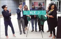  ?? ALEX HORVATH / THE CALIFORNIA­N ?? Supervisor Leticia Perez’s office held an unveiling ceremony Wednesday for the new street name with Assemblyma­n Rudy Salas, Kern County District Attorney Cynthia Zimmer, Pastor Josephate Jordan, Isaiah Crompton, City Councilman Eric Arias and Arleana Waller, founder of the MLKcommUNI­TY Initiative.