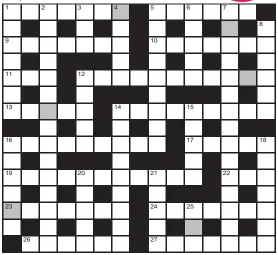  ?? ?? FOR your chance to win, solve the crossword to reveal the word reading down the shaded boxes. HOW TO ENTER: Call 0901 293 6233 and leave today’s answer and your details, or TEXT 65700 with the word CRYPTIC, your answer and your name. Texts and calls cost £1 plus standard network charges. Or enter by post by sending completed crossword to Daily Mail Prize Crossword 16,961, PO Box 28, Colchester, Essex CO2 8GF. Please include your name and address. One weekly winner chosen from all correct daily entries received between 00.01 Monday and 23.59 Friday. Postal entries must be date-stamped no later than the following day to qualify. Calls/texts must be received by 23.59; answers change at 00.01. UK residents aged 18+, excl NI. Terms apply, see Page 54.