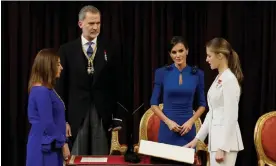  ?? Photograph: Andres Ballestero­s/AFP/Getty Images ?? Princess Leonor swears the oath in front of her parents, King Felipe and Queen Letizia.