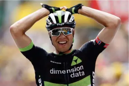  ?? FOTO: CHRISTIAN HARTMANN, REUTERS ?? GLAD: Edvald Boasson Hagen viser glede etter den etterlengt­ede etappeseie­ren på fredagens etappe.