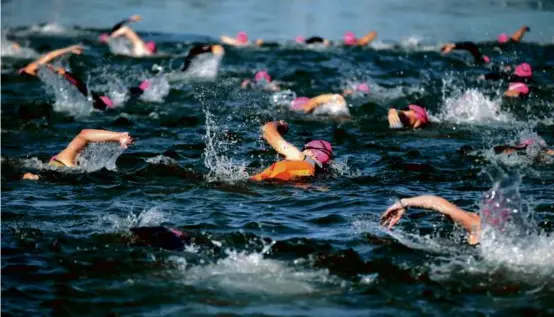  ?? PHOTOS BY JONATHAN WIGGS/GLOBE STAFF ?? Nearly 200 swimmers glided through the water off Castle Island Saturday to raise money to fund cancer research.