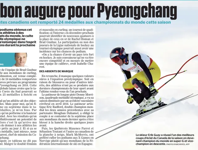  ??  ?? Le skieur Erik Guay a réussi l’un des meilleurs coups d’éclat du Canada de la saison en devenant champion du monde en super-g et vicechampi­on en descente.