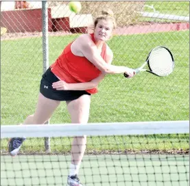  ?? PILOT PHOTO/RON HARAMIA ?? Plymouth’s Miranda German fires in a serve during her match at No. 1 singles.