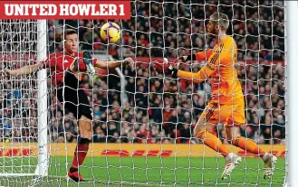  ??  ?? Horror show: De Gea spills Mustafi’s header on his line and Herrera tries in vain to clear, before goal-line technology confirms it is over. Below: Rojo slides in on Arsenal’s Lacazette only to slide the ball into his own net UNITED HOWLER 1