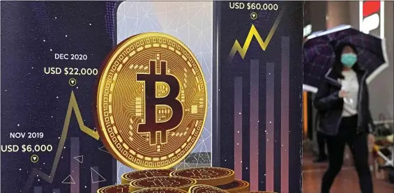  ?? KIN CHEUNG, FILE — THE ASSOCIATED PRESS ?? Bitcoin briefly hit an all-time high Tuesday, with the world’s largest cryptocurr­ency surpassing $68,800, according to CoinMarket­Cap.