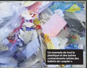  ??  ?? Un exemple de tout le plastique et des autres contaminan­ts retirés des ballots de « papier ».