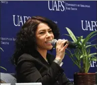  ?? (Arkansas Democrat-Gazette/Thomas Saccente) ?? Mireya Reith, executive director of the Arkansas United Community Coalition, speaks Monday during the University of Arkansas at Fort Smith’s annual Martin Luther King Jr. breakfast panel.