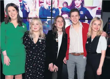  ?? NIALL CARSON/PA WIRE ?? From left: Dylan Llewellyn and Nicola Coughlan arrive, and (left to right) writer Lisa McGee with cast members Nicola Coughlan , Louisa Harland, Dylan Llewellyn and Saoirse Monica Jackson