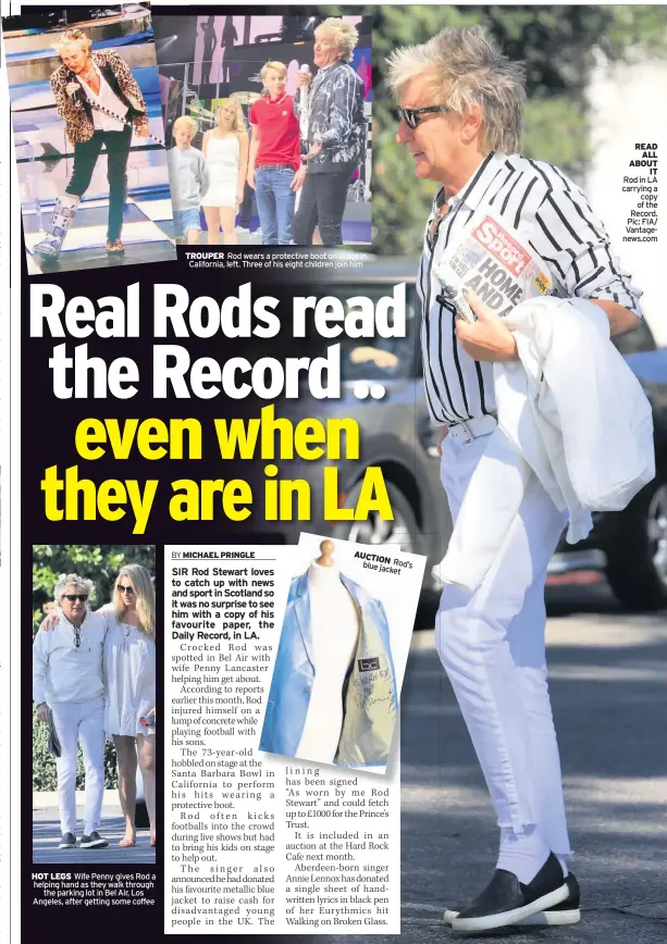  ??  ?? READ ALL ABOUT IT Rod in LA carrying a copy of the Record. Pic: FIA/ Vantagenew­s.com