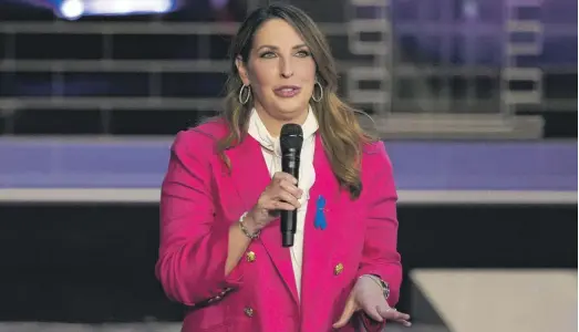  ?? REBECCA BLACKWELL/AP ?? Then-Republican National Committee Chair Ronna McDaniel speaks before a Republican presidenti­al primary debate on NBC on Nov. 8, 2023, in Miami.