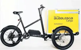  ??  ?? Bubblebob – das dreirädrig­e Lastenrad mit Achsschenk­ellenkung ist mit Ballonreif­en für mehr Fahrkomfor­t sowie serienmäßi­g mit einem leistungss­tarken Bafang-Elektromot­or ausgestatt­et.