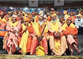  ?? PHOTOS: SANJAY K SHARMA ?? Sadhus at the religious conclave in Talkatora Stadium, New Delhi