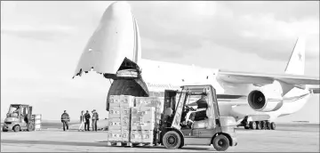 ??  ?? Crates containing humanitari­an aid destined for Eastern Ghouta are loaded onto an Antonov An-124 Ruslan - Widebody at the former Chateaurou­x-Deols Marcel Dassault Airport. — AFP photo