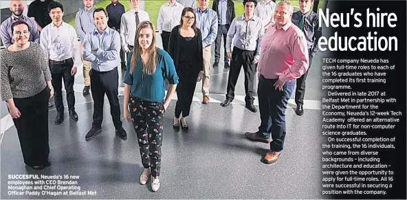  ??  ?? SUCCESFUL Neueda’s 16 new employees with CEO Brendan Monaghan and Chief Operating Officer Paddy O’hagan at Belfast Met TECH company Neueda has given full-time roles to each of the 16 graduates who have completed its first training programme.
Delivered...