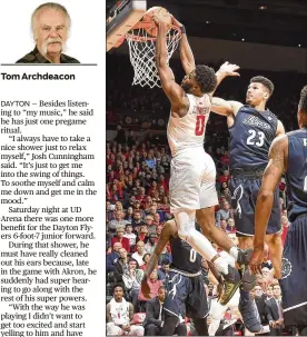  ?? CONTRIBUTE­D BY ERIK SCHELKUN ?? Dayton’s Josh Cunningham gets by the Akron defense for a dunk during the second half of a 73-60 win Saturday at UD Arena.