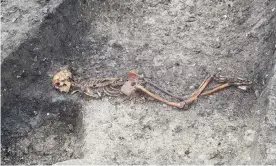  ?? Photograph: HS2/PA ?? The skeleton discovered near Wellwick Farm with its hands bound.