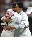  ?? TIM PHILLIS — FOR THE NEWS-HERALD ?? Carlos Carrasco, shown hugging Shane Bieber during the All-Star Game on July 9, hit 97 mph during an appearance in Akron on Aug. 19.
