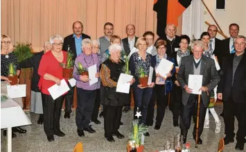  ?? Foto: Lohner ?? Ehrungen gab es beim Kolpingged­enktag Gundelfing­en: (von links) Claudia Stark, Berta Ruchti, Magdalena Wiehler, Michael Alt hammer, Amalie Wenninger, Anni Hirsch, Martin März, Centa Jüttner, Maria Hopf, Jürgen Jaud, Marlene Jaud, Agnes Strauß, Son ja...