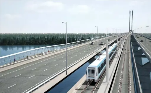  ?? PHOTO D’ARCHIVES, COURTOISIE ?? Le Système léger sur rail qui sera construit pour le Réseau électrique métropolit­ain (REM) de la Caisse dépôt passera notamment sur le nouveau pont Champlain.