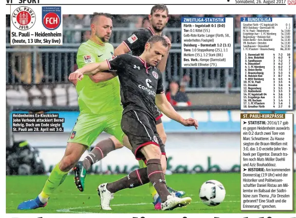  ??  ?? Heidenheim­s Ex-Kiezkicker John Verhoek attackiert Bernd Nehrig. Doch am Ende siegte St. Pauli am 28. April mit 3:0.