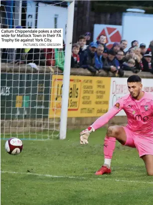  ?? PICTURES: ERIC GREGORY ?? Callum Chippendal­e pokes a shot wide for Matlock Town in their FA Trophy tie against York City.