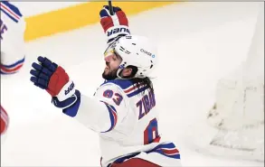  ?? Charles Krupa / Associated Press ?? Rangers center Mika Zibanejad celebrates after scoring his second goal of the game during the third period against the Bruins on Saturday.