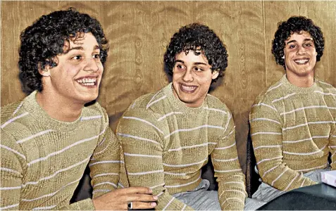  ??  ?? ‘All we wanted to do was play and catch up’: reunited triplets Bobby, David and Eddy, above, are the subject of the film Three Identical Strangers, made by Tim Wardle, left
