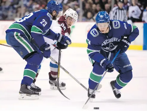  ?? — THE CANADIAN PRESS FILES ?? Vancouver Canucks defencemen Alex Edler, left, and Troy Stecher, were the team’s top pairing last season, but it may make the most sense for Vancouver to try to trade Edler now, while his value is high.