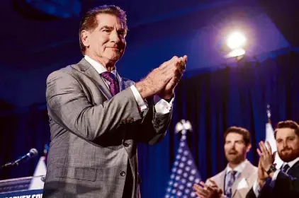  ?? Mario Tama/Getty Images ?? Republican Senate candidate Steve Garvey, a former Los Angeles Dodgers star player, attends his Election Night watch party Tuesday in Palm Desert. He faces U.S. Rep. Adam Schiff in November.