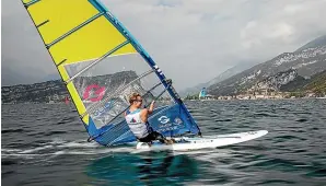  ??  ?? Bruce Kendall’s Glide, above, and Aaron McIntosh’s Windfoil1, right, are being tested on Lake Garda as potential future models of Olympic windsurfer­s.