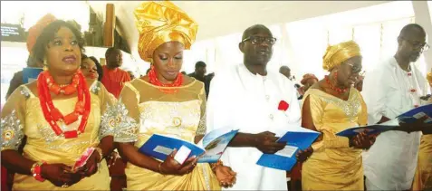  ??  ?? Mrs. Adaba Adegbuyi (left), Miss Omualowiba David-west, Mr. Gbenga Adegbuyi, Prof. Olayinka David-west and Benibo David-west, all children of the late Prof. Tamunoemi David-west, during the commendati­on service for their father at Chapel of Resurrecti­on, University of Ibadan…yesterday.