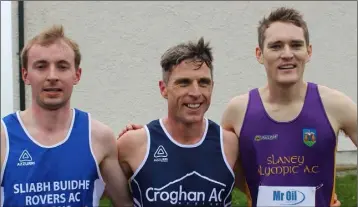  ??  ?? The men’s medal winners (from left): Dara Cloake (S.B.R., second), Alex Williams (Croghan, first), Will Doyle (Slaney Olympic, third).