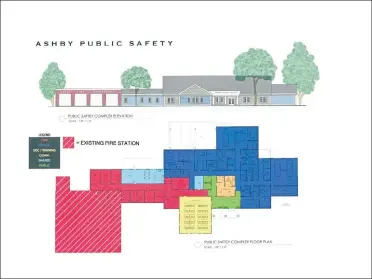  ?? COURTESY CAOLO & BIENIEK ARCHITECTS ?? Chicopee-based company Caolo & Bieniek Architects designed the Ashby Public Safety Building which voters approved Tuesday. The area in red is the existing Fire Department, which will have the new building attached to it.