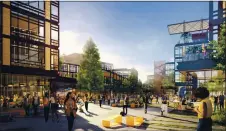  ?? FACEBOOK ?? Offices and gathering areas in Menlo Park’s Willow Village, a mixed-use complex proposed by Facebook, are seen in an architectu­ral rendering.